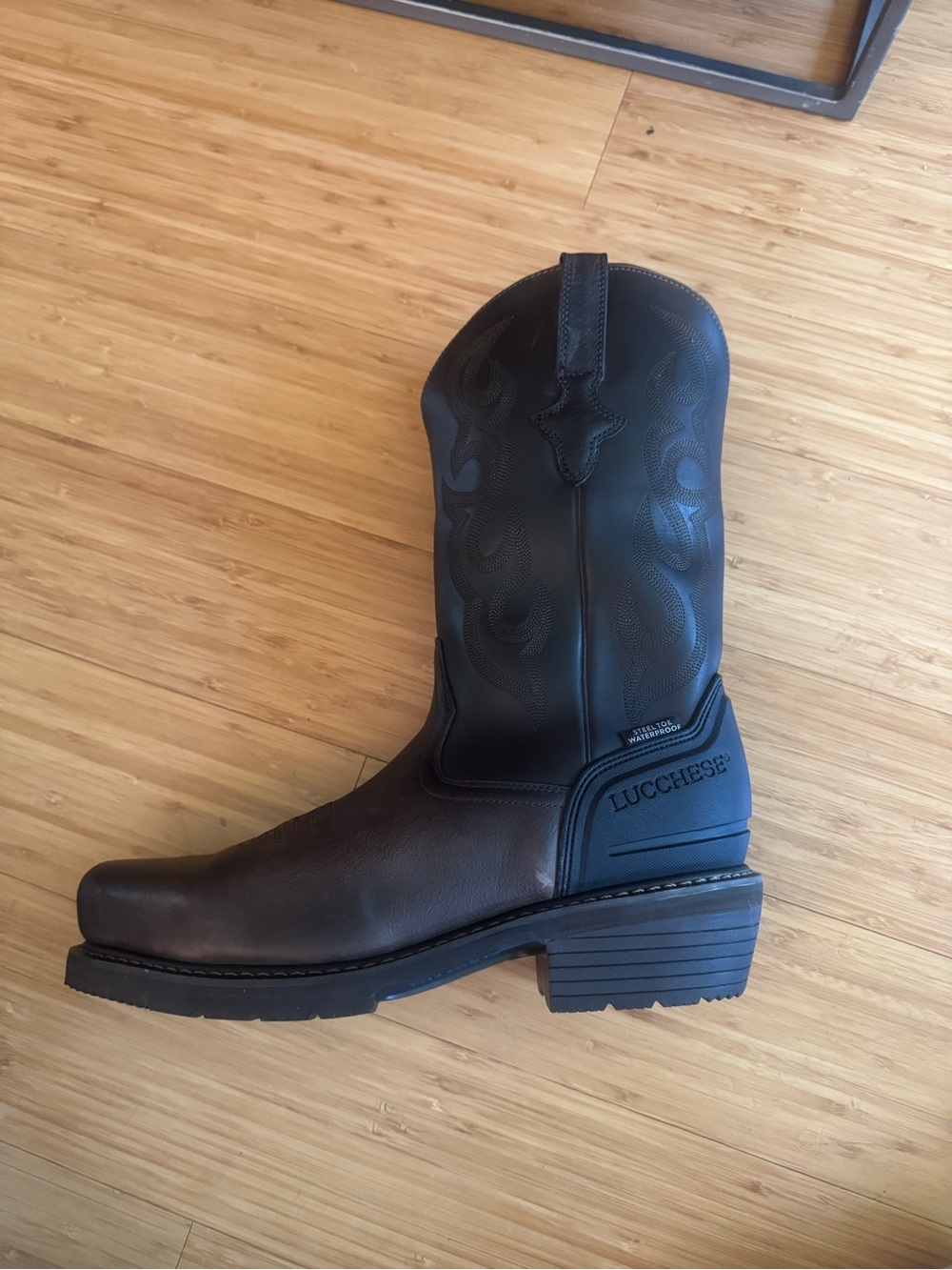 Lucchese Brown & Black Western Work Boot - Pull-On Stitched Shaft